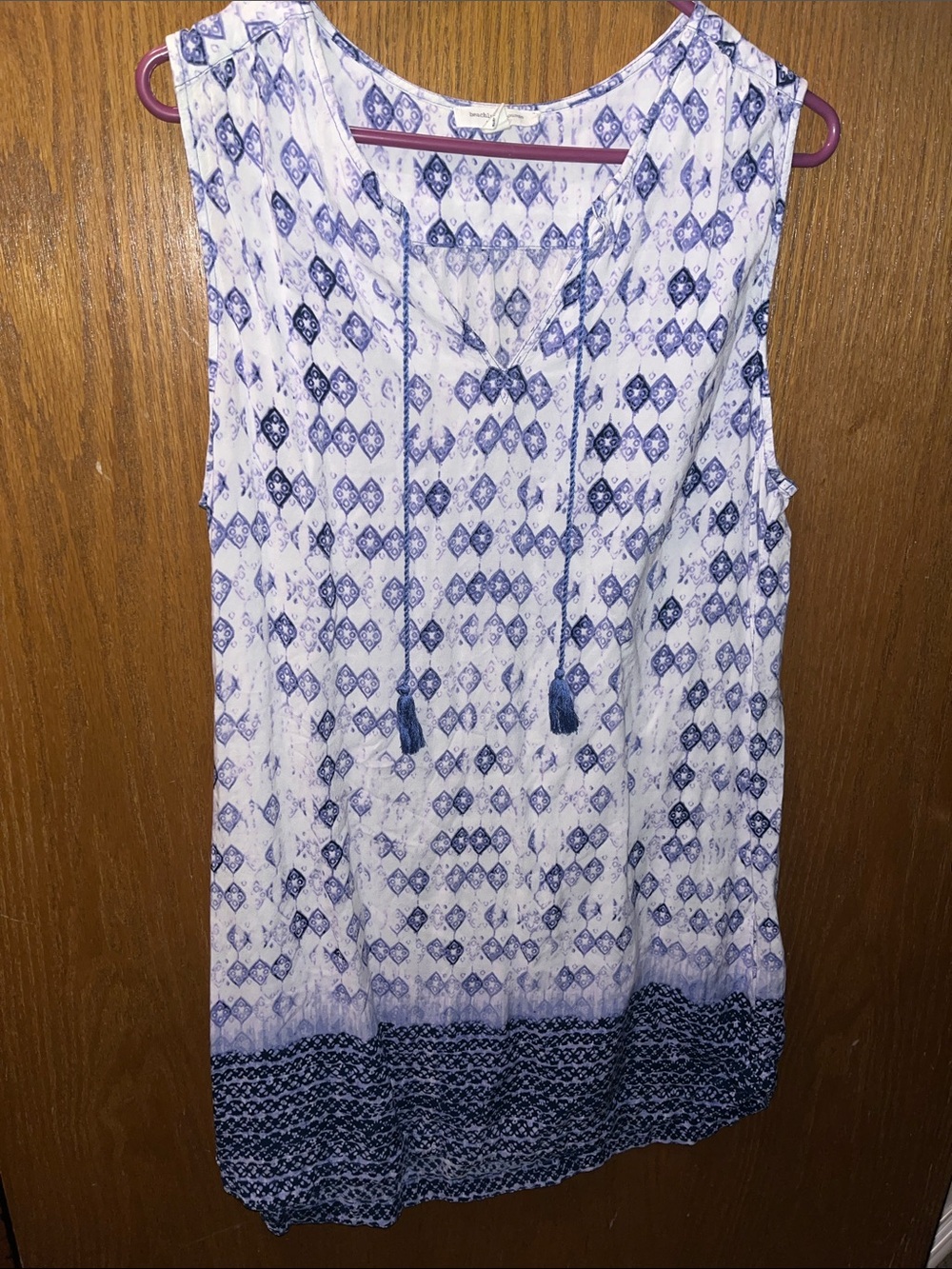 beachlunchlounge White and Blue Sleeveless Tassel Tunic
